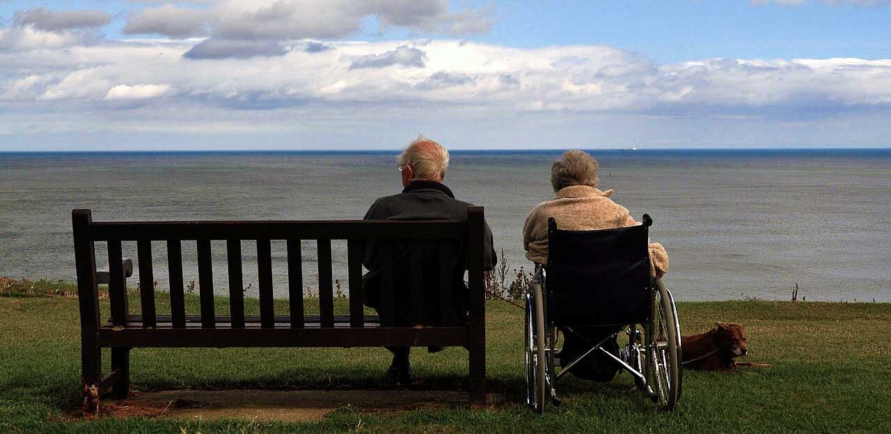 old couple looking out over ocean from behind with dog